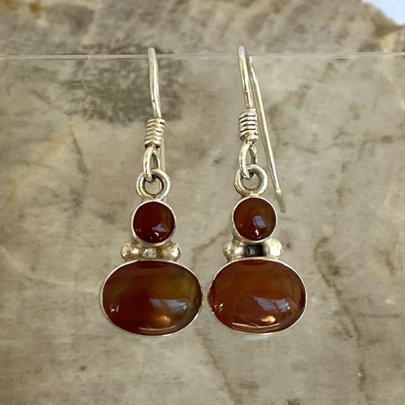 Sterling Silver 950 1.26" Oval Bezel Set Carnelian Gemstone Dangle Earrings 3.5g - Picture 16 of 16
